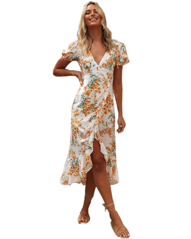 Floral printed V-neck short-sleeved high-waist maxi dress