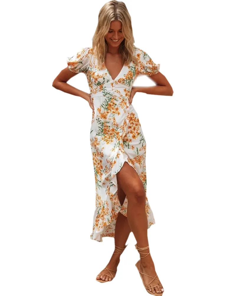 Floral printed V-neck short-sleeved high-waist maxi dress