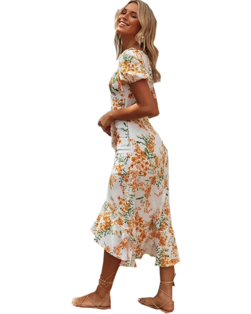 Floral printed V-neck short-sleeved high-waist maxi dress