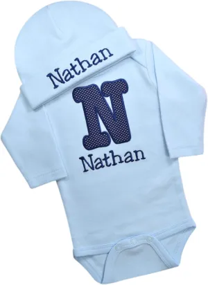 Funny Girl Designs Personalized Embroidered Baby Boys Initial Bodysuit with Matching Hat and Custom Name