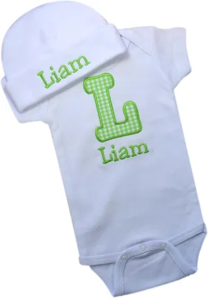 Funny Girl Designs Personalized Embroidered Baby Boys Initial Bodysuit with Matching Hat and Custom Name