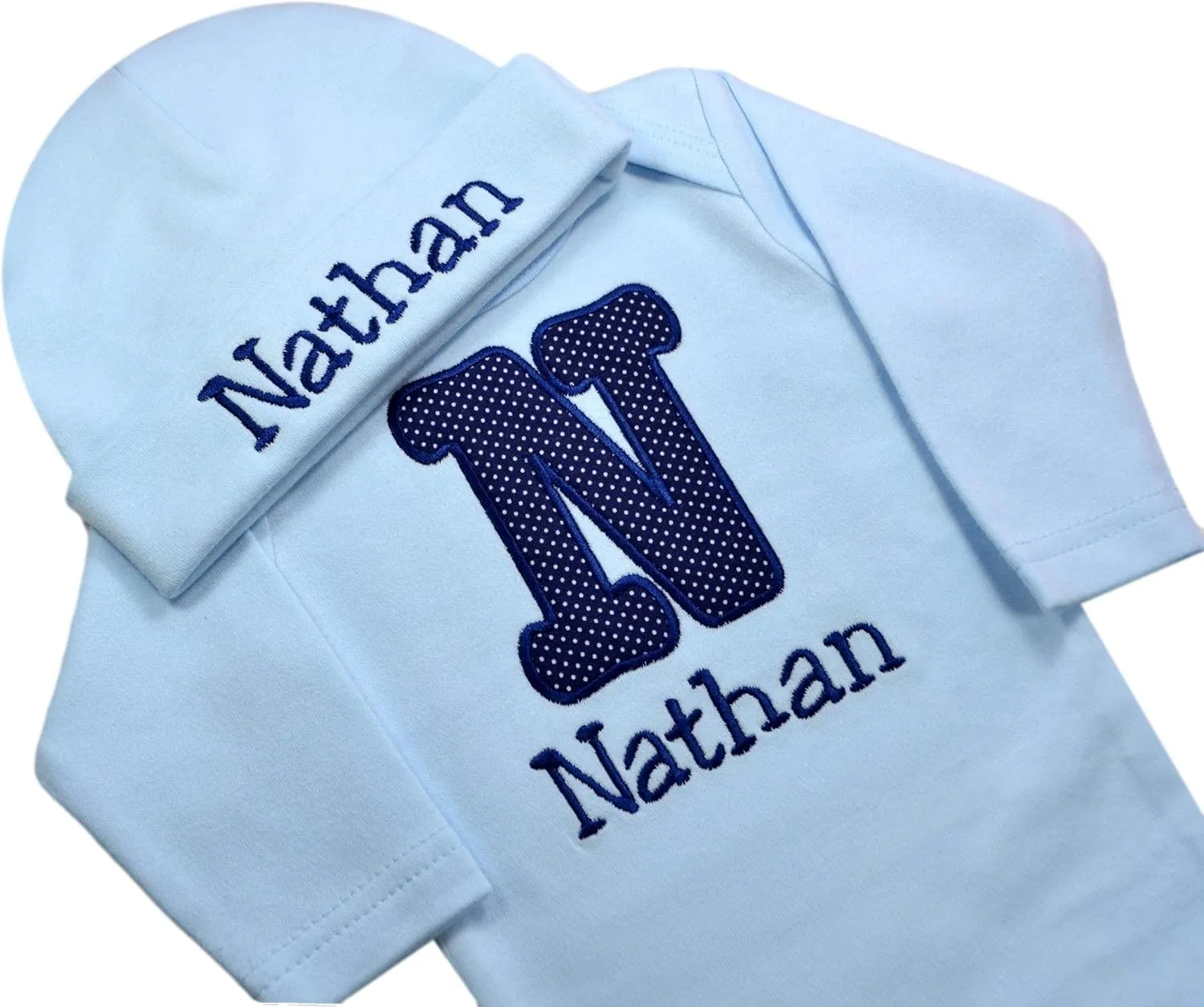 Funny Girl Designs Personalized Embroidered Baby Boys Initial Bodysuit with Matching Hat and Custom Name