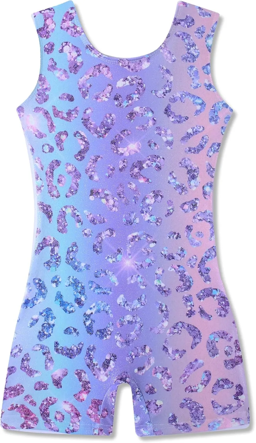 Funnycokid Girls Gymnastics Leotards with Shorts Sparkle Dance Unitards Mermaid Active Biketards 2-10 Years