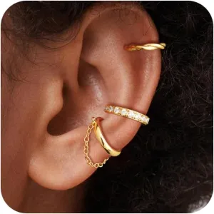 Gold Ear Cuff Earrings for Women Non Piercing, 14K Gold Plated/Silver Cuff Earrings for Women, Hypoallergenic Cubic Zirconia Cartilage Hoop Earring Fashion Jewelry Set