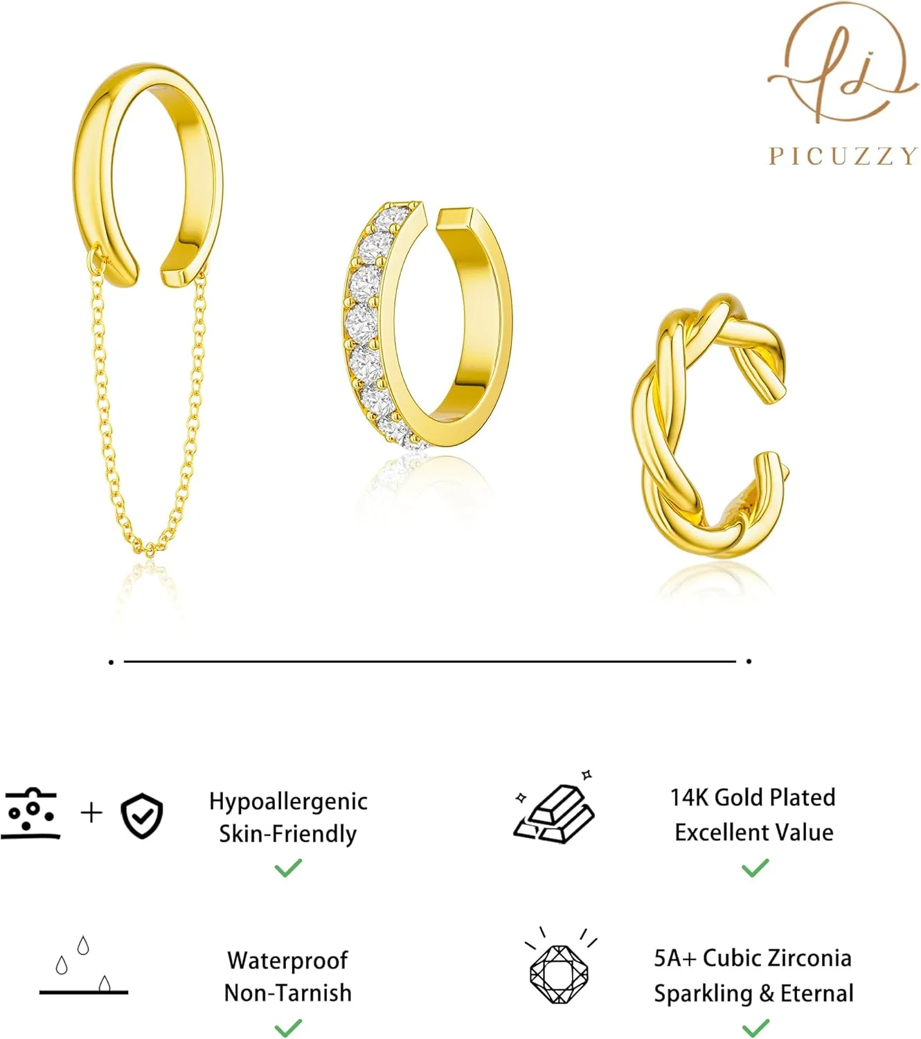 Gold Ear Cuff Earrings for Women Non Piercing, 14K Gold Plated/Silver Cuff Earrings for Women, Hypoallergenic Cubic Zirconia Cartilage Hoop Earring Fashion Jewelry Set