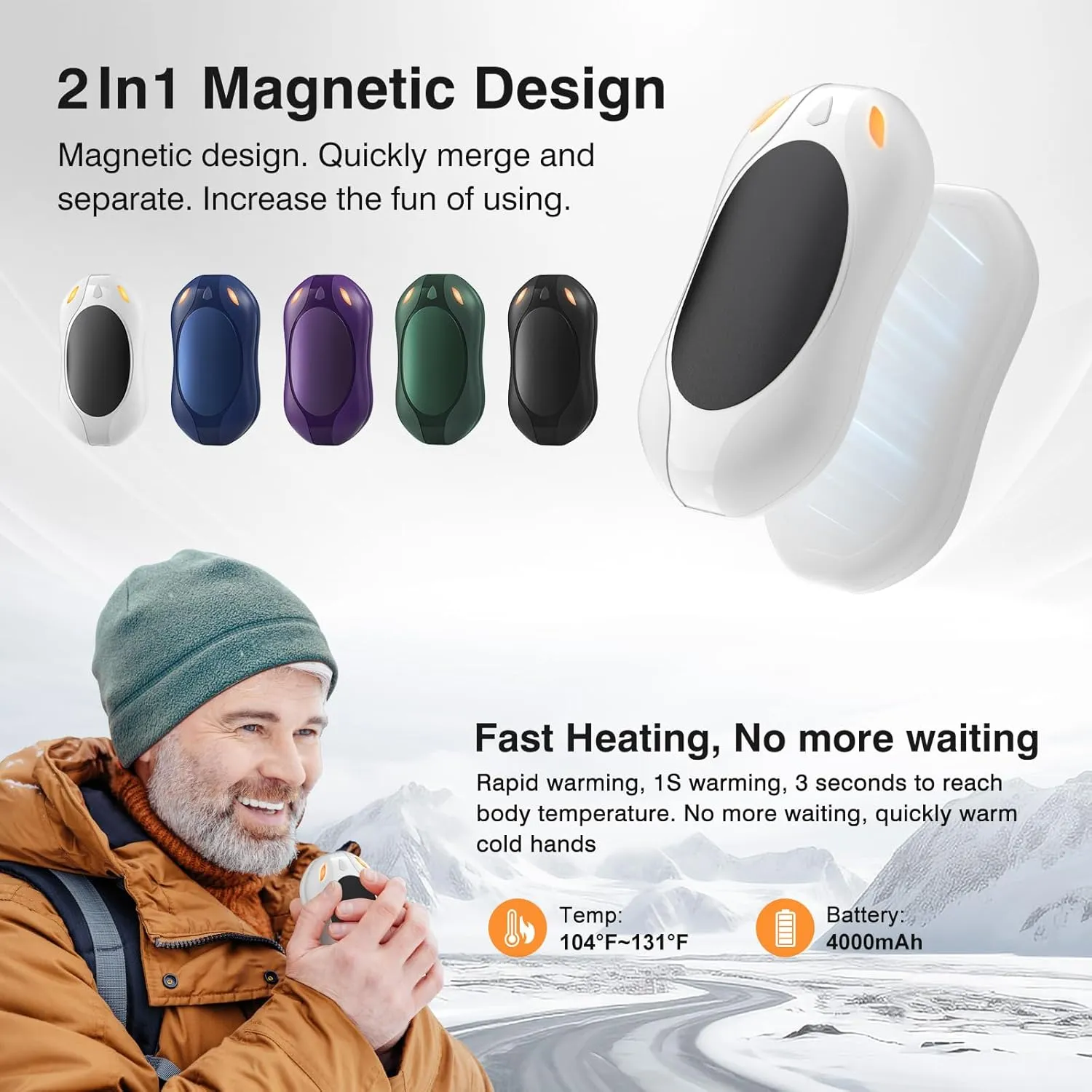 Hand Warmers Rechargeable 2 Pack: Portable Electric Hand Warmer 2 in 1 Magnetic Reusable Heater Pocket Gifts for Men Women Outdoor Camping Golf Hunting Gift
