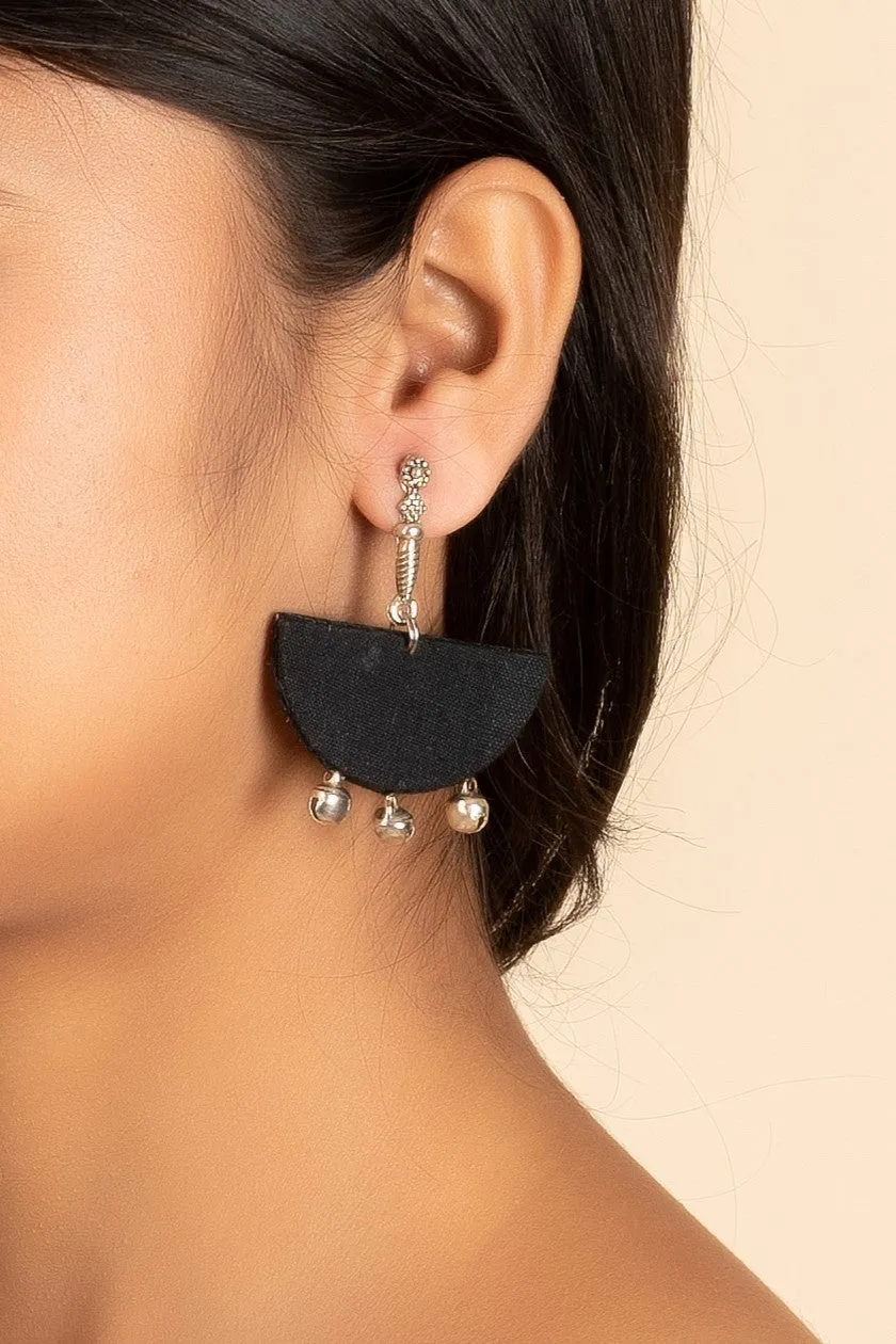 Handmade German Silver Long Stud with Black Fabric Ghungroo Earrings, Non-Allergic Design