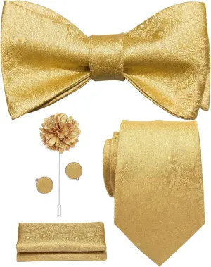 Hi-Tie Men Ties Bowtie Set Woven Silk Necktie Bow Tie and Pocket Square Cufflinks Set with Tie Clip or Flower Lapel Pin