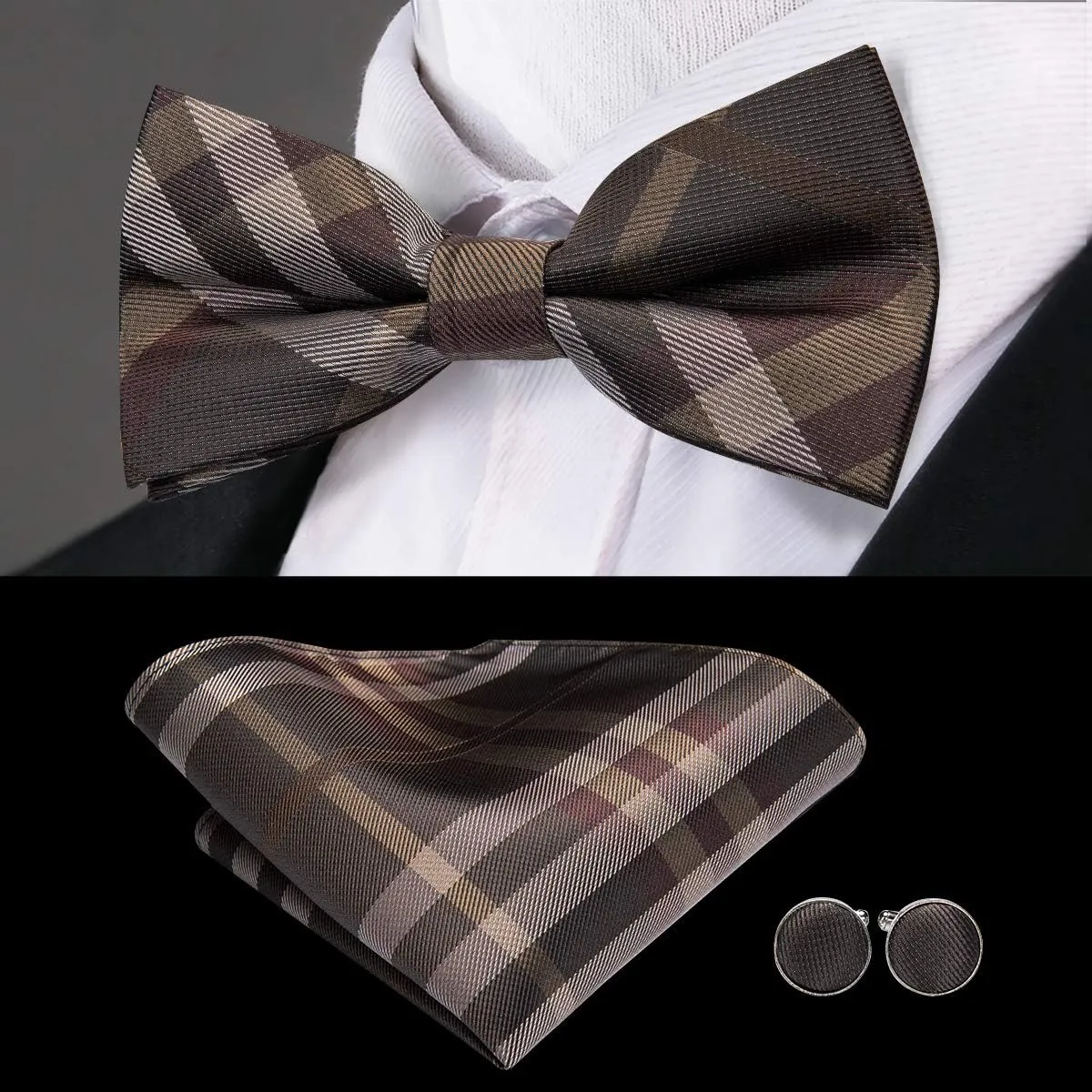 Hi-Tie Men Ties Bowtie Set Woven Silk Necktie Bow Tie and Pocket Square Cufflinks Set with Tie Clip or Flower Lapel Pin