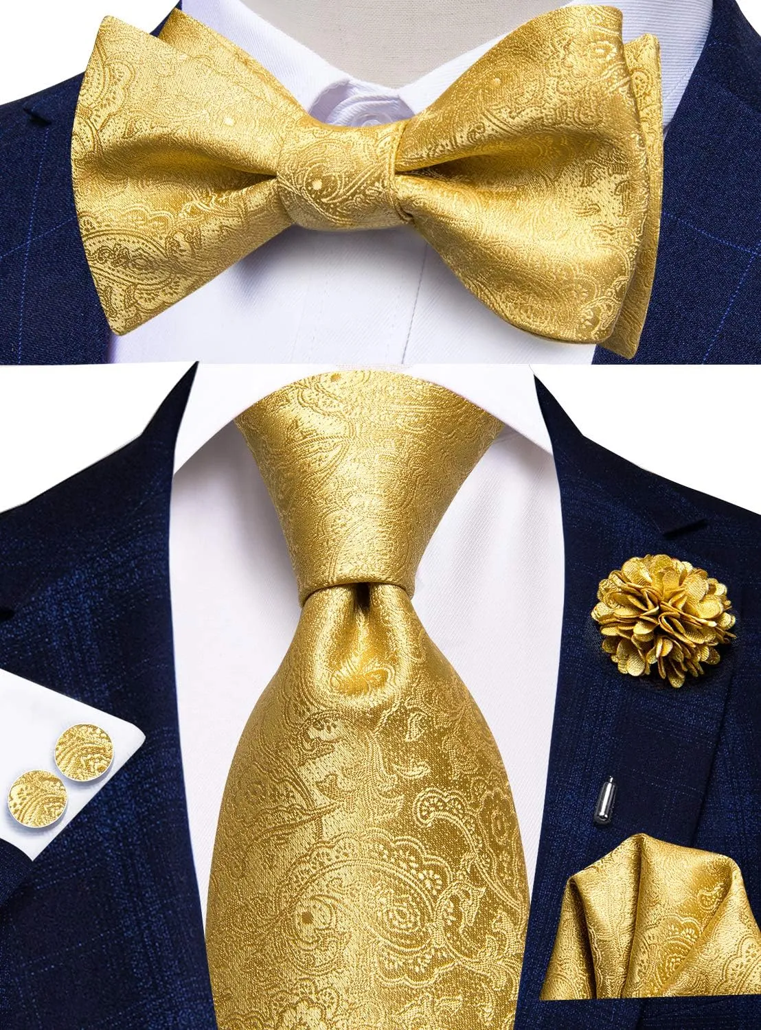 Hi-Tie Men Ties Bowtie Set Woven Silk Necktie Bow Tie and Pocket Square Cufflinks Set with Tie Clip or Flower Lapel Pin