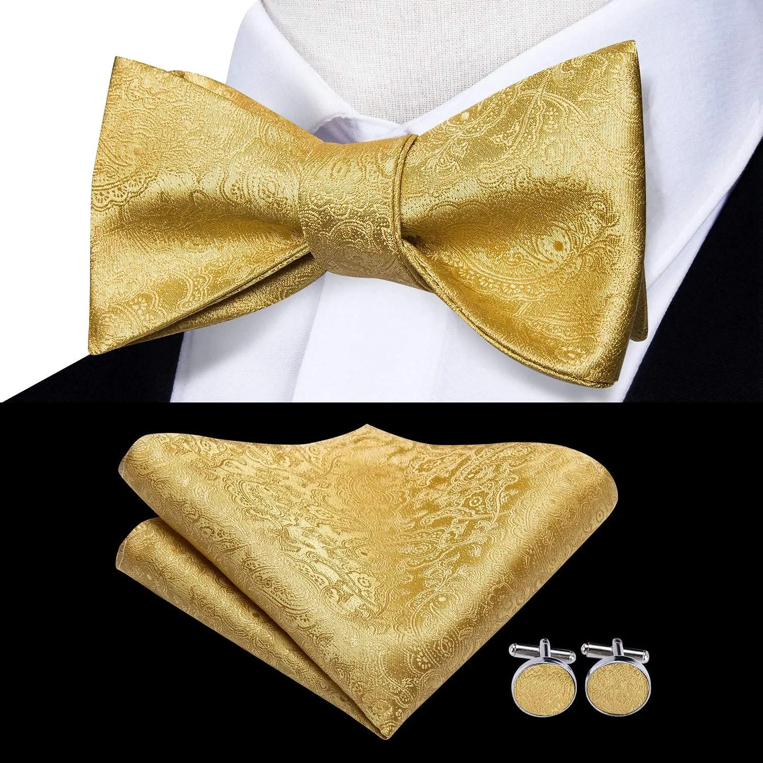 Hi-Tie Men Ties Bowtie Set Woven Silk Necktie Bow Tie and Pocket Square Cufflinks Set with Tie Clip or Flower Lapel Pin