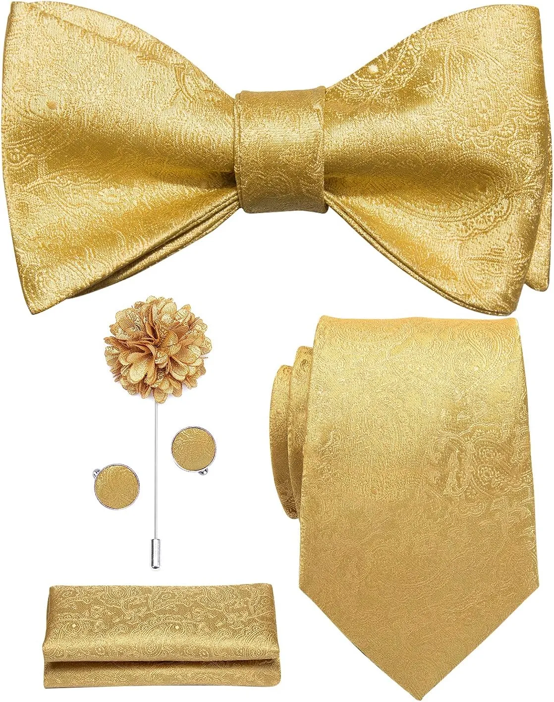 Hi-Tie Men Ties Bowtie Set Woven Silk Necktie Bow Tie and Pocket Square Cufflinks Set with Tie Clip or Flower Lapel Pin