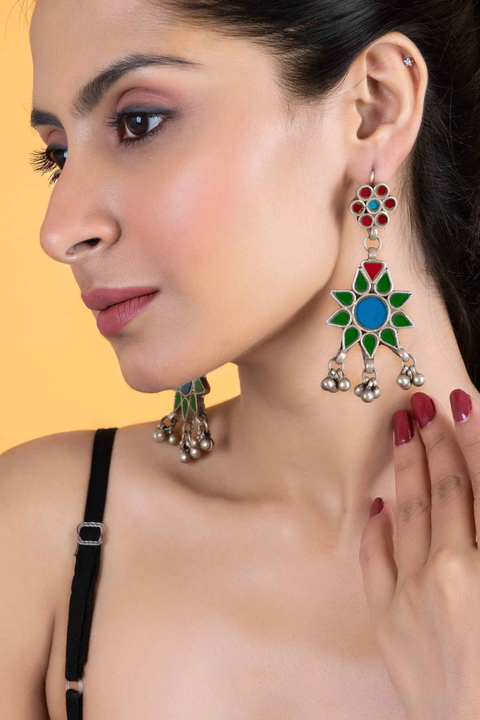 Intricate Red, Blue, Green Floral Glasswork Afghan Replica Dangler Earrings for Global Elegance