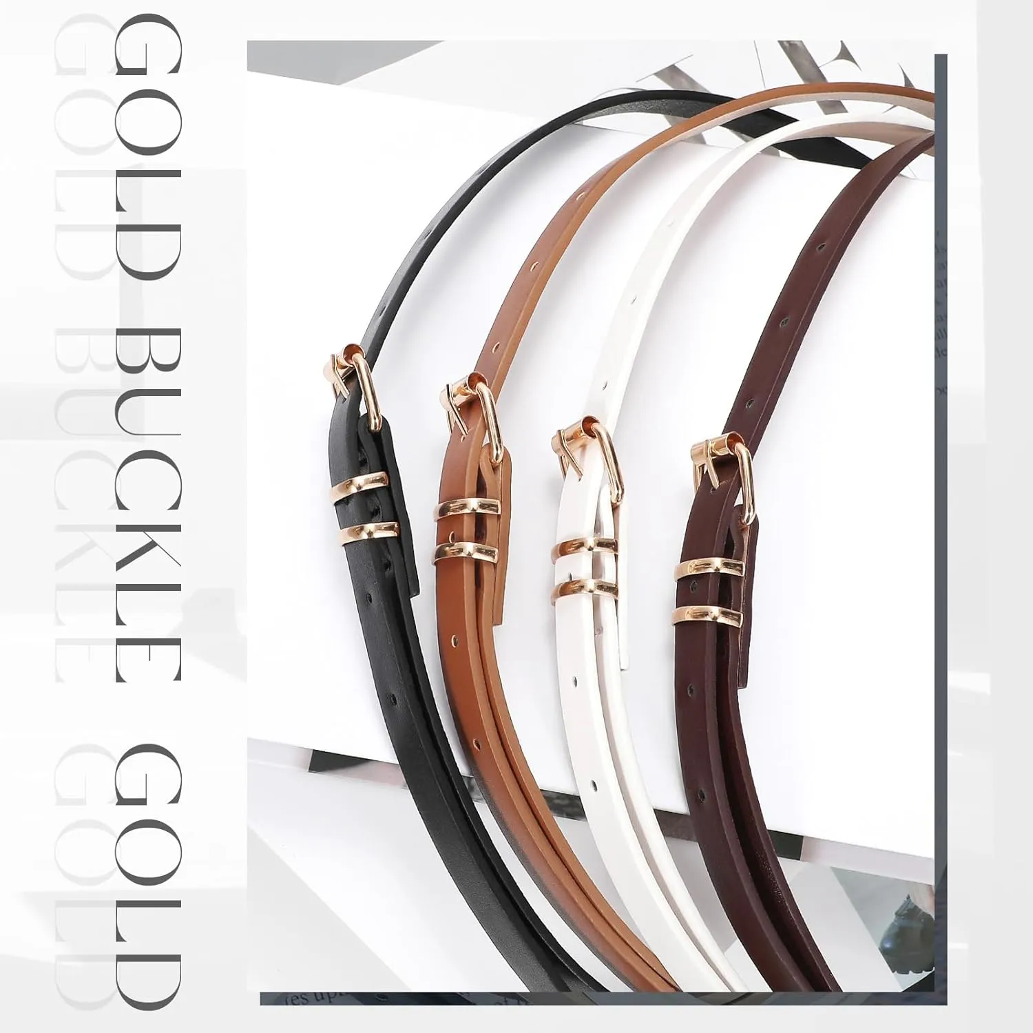 JASGOOD 4 Pack Skinny Women Leather Belt for Dresses Thin Waist Belt for Jeans Pants with Gold Buckle