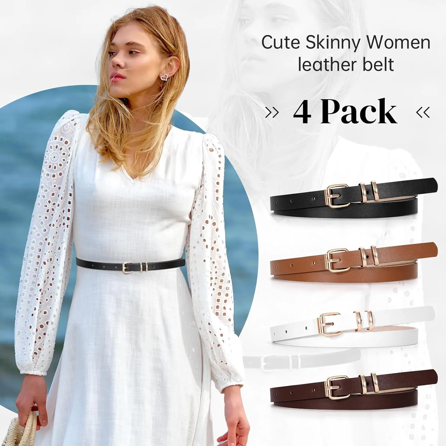JASGOOD 4 Pack Skinny Women Leather Belt for Dresses Thin Waist Belt for Jeans Pants with Gold Buckle