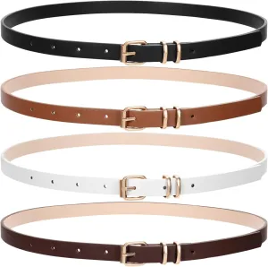 JASGOOD 4 Pack Skinny Women Leather Belt for Dresses Thin Waist Belt for Jeans Pants with Gold Buckle