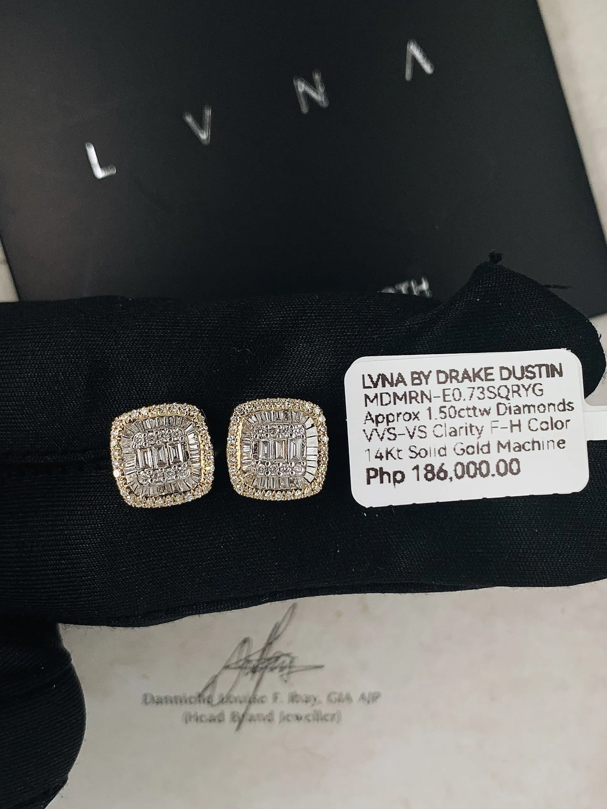 #LVNA2024 |  Golden Cushion Baguette Stud Diamond Earrings 14kt