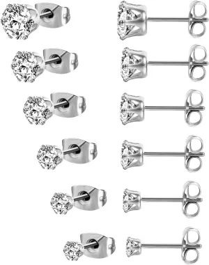 MDFUN 6 Pairs Stud Earrings Sets 3-8MM 18K Gold Plated Round 5A  Cubic Zirconia Earrings Hypoallergenic CZ 6 Prong Ears Jewelry for Women
