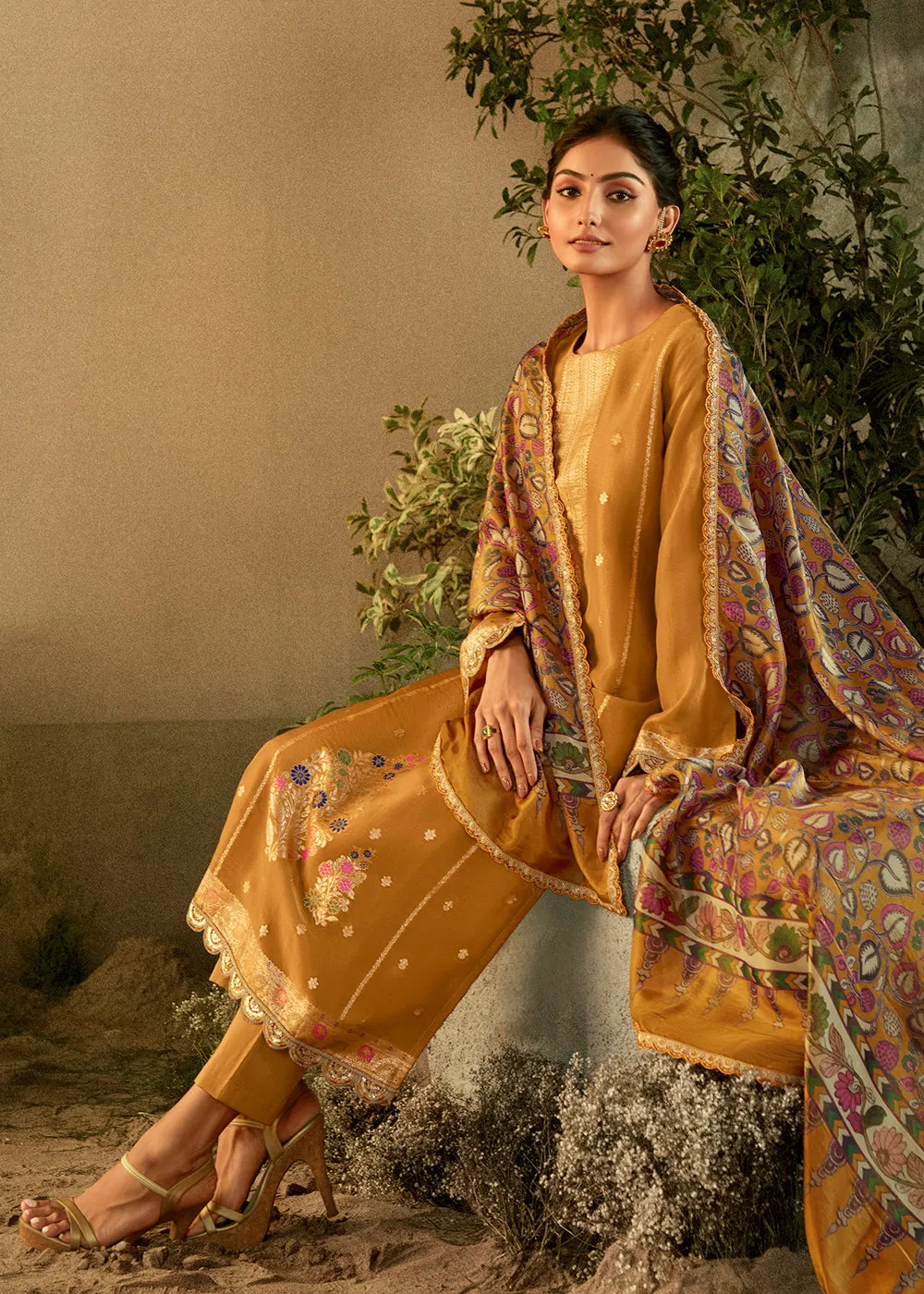 Mustard Pure Zari Banarasi Tissue Festive Wear Salwar Suit