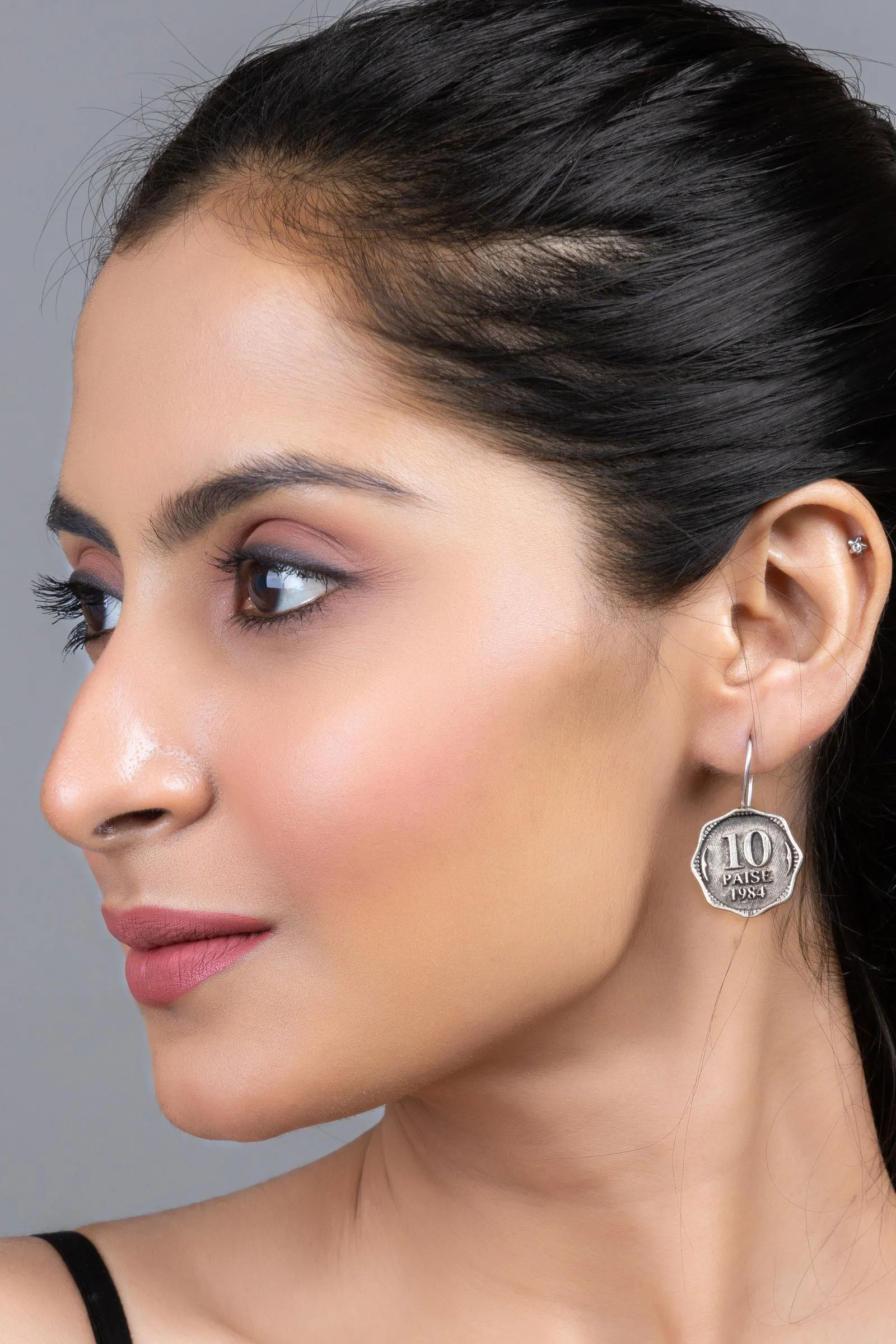 Oxidized Silver Replica 10 Paise Lightweight Vintage Earrings for Daily Wear Jewelry and Sensitive Ears