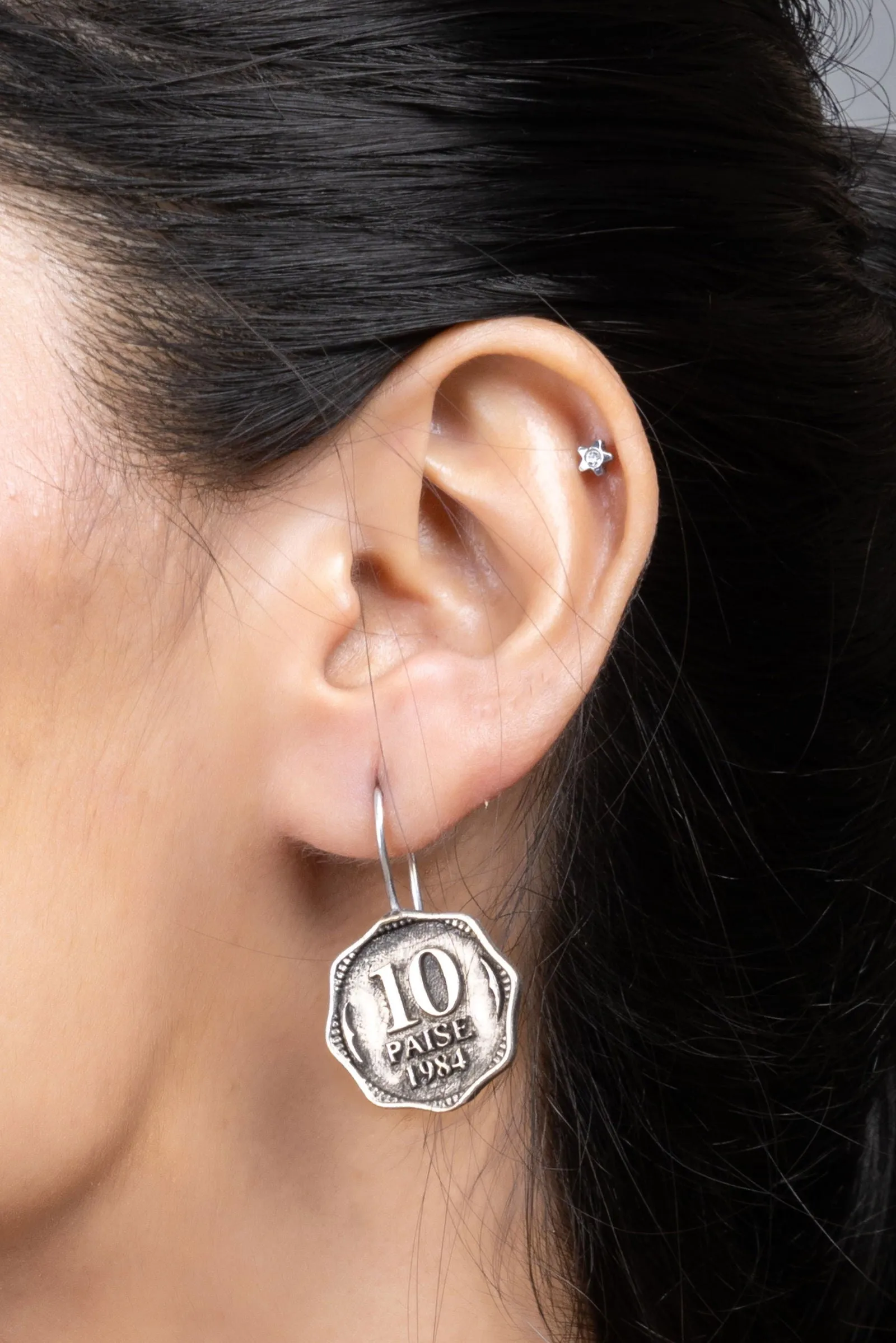 Oxidized Silver Replica 10 Paise Lightweight Vintage Earrings for Daily Wear Jewelry and Sensitive Ears
