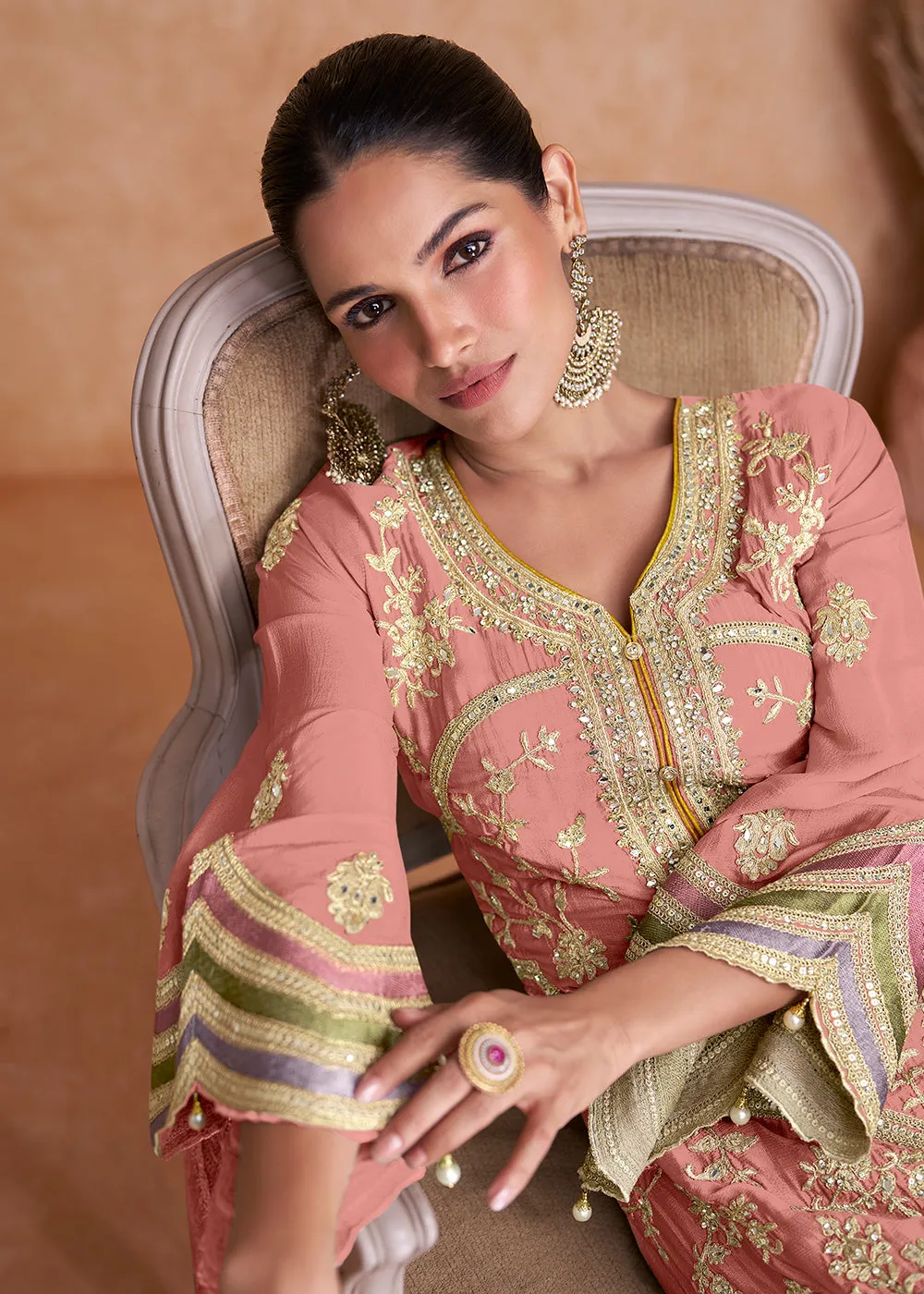 Peach Chinnon Fabric Embroidered Designer Salwar Suit