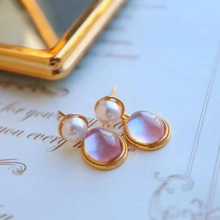 Pink Natural Crystal Mother of Pearls Earrings Gold Vermeil