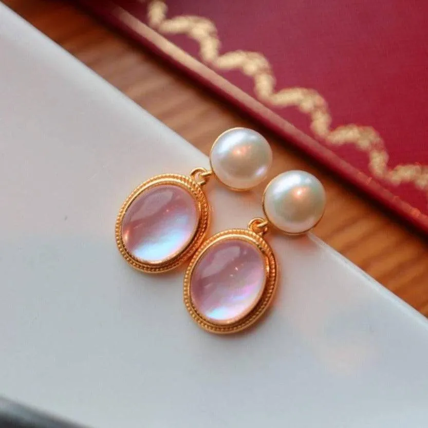Pink Natural Crystal Mother of Pearls Earrings Gold Vermeil