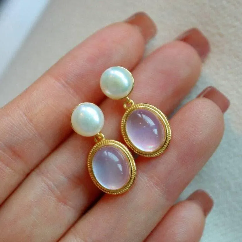 Pink Natural Crystal Mother of Pearls Earrings Gold Vermeil