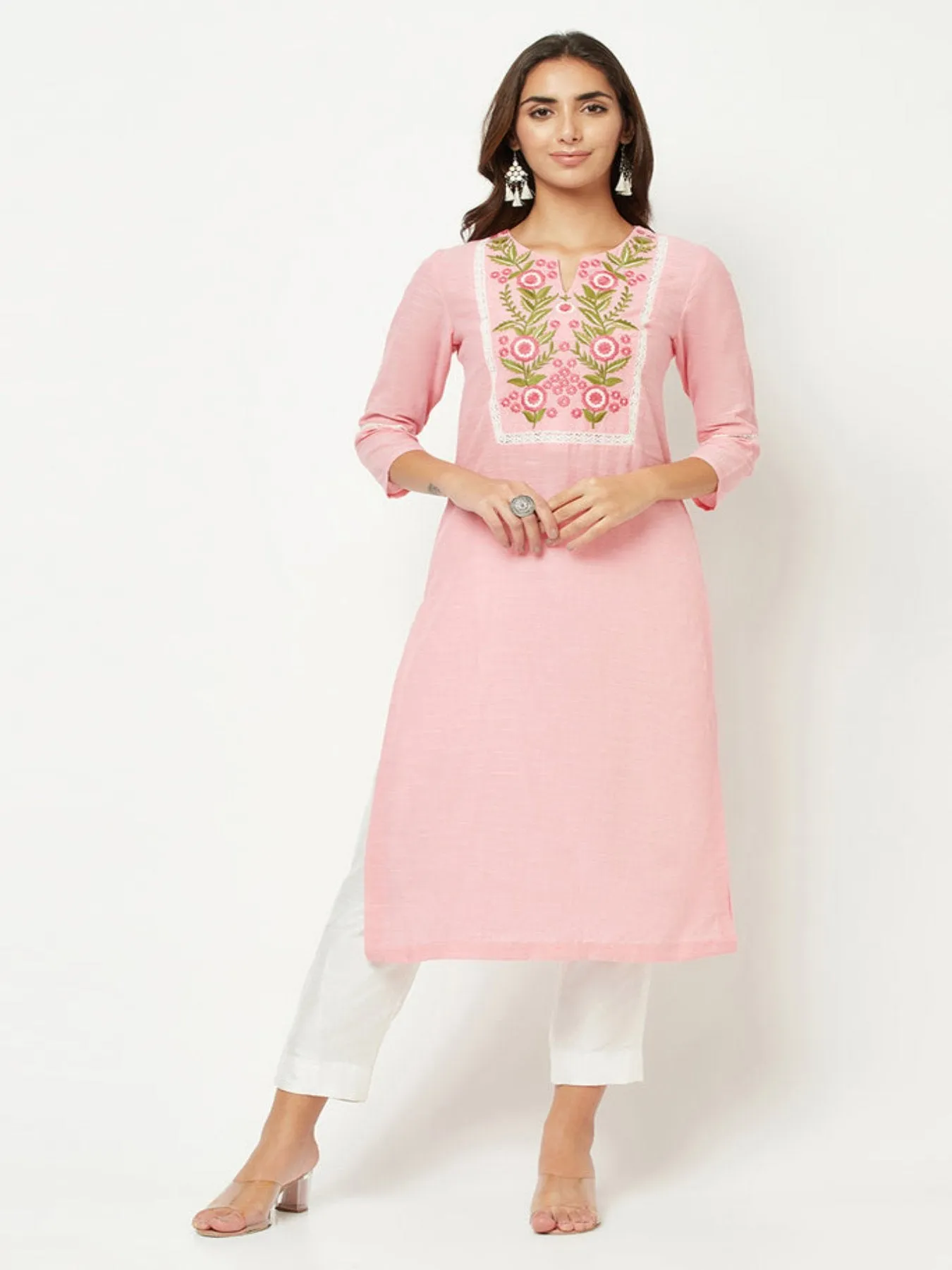 Pink Yoke Embroidered Kurta 