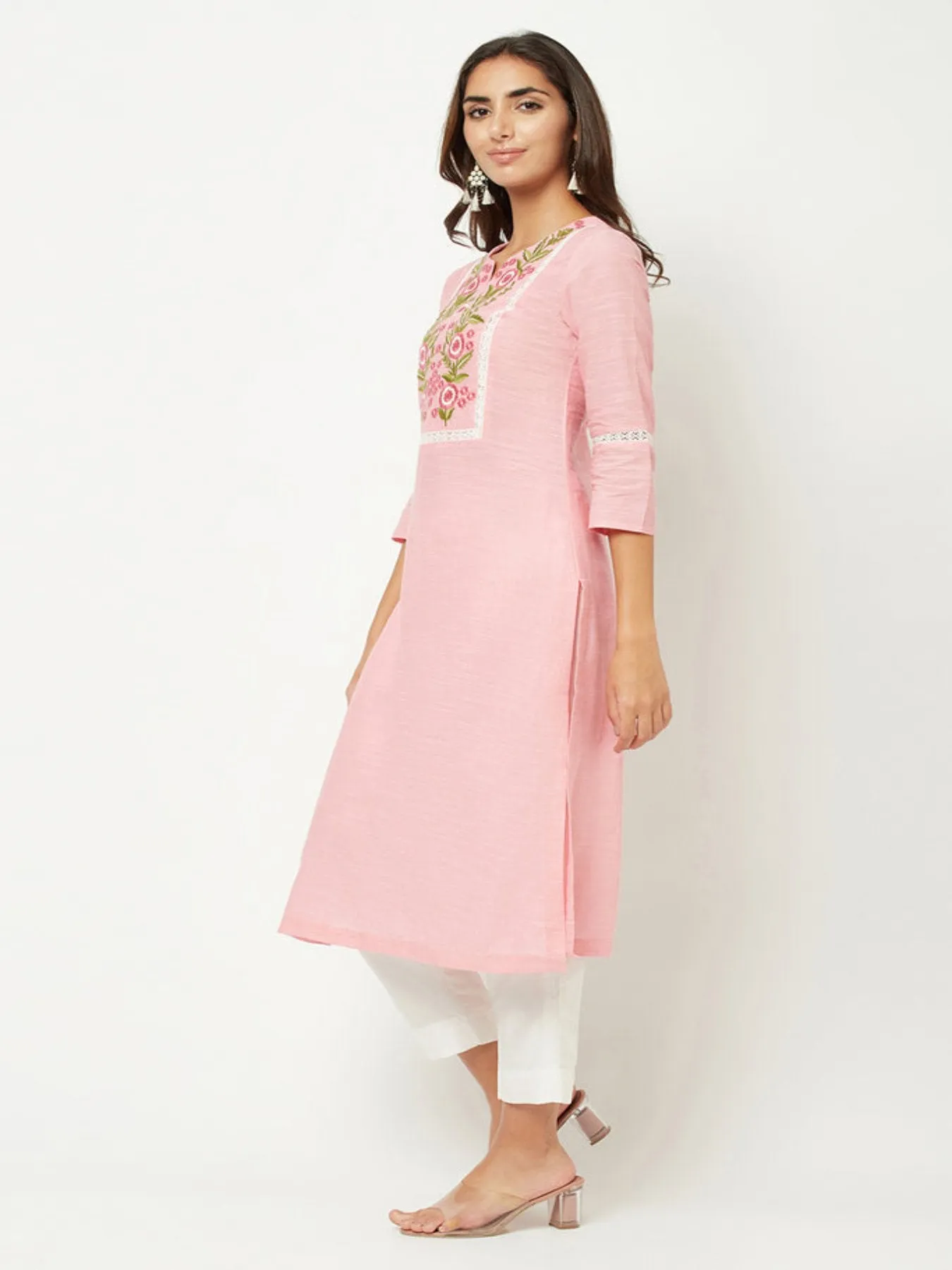 Pink Yoke Embroidered Kurta 