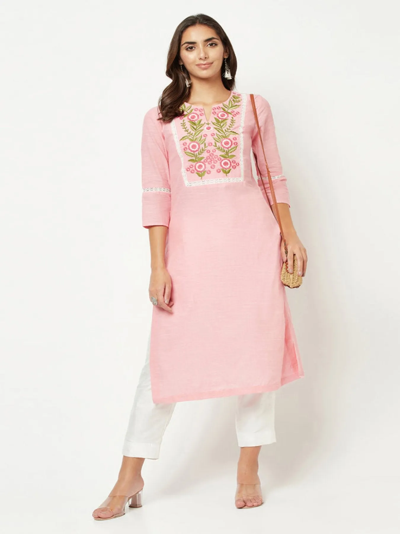 Pink Yoke Embroidered Kurta 