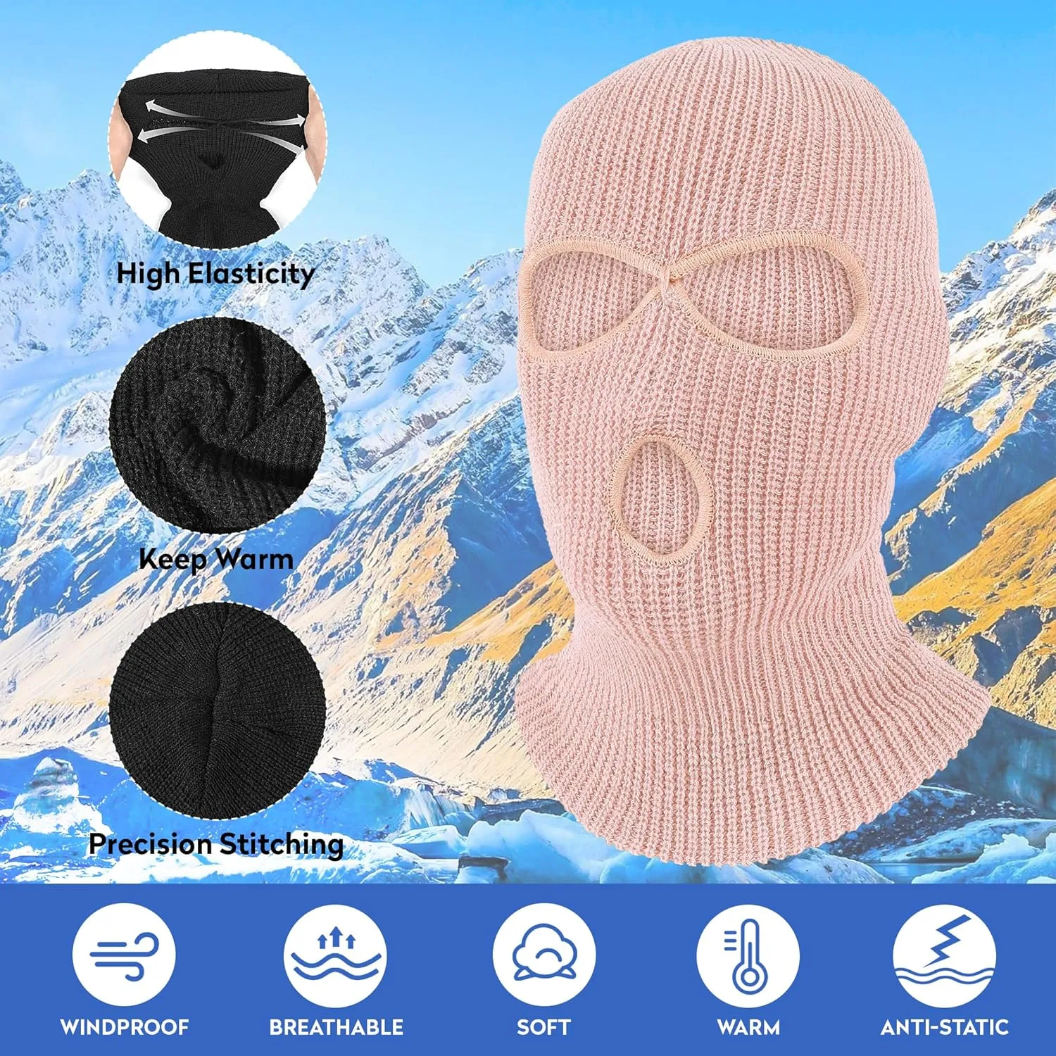 Pukavt 3 Hole Winter Knitted Mask, Full Face Cover Ski Mask Warm Balaclava for Skiing, Motorcycle, Snowboard