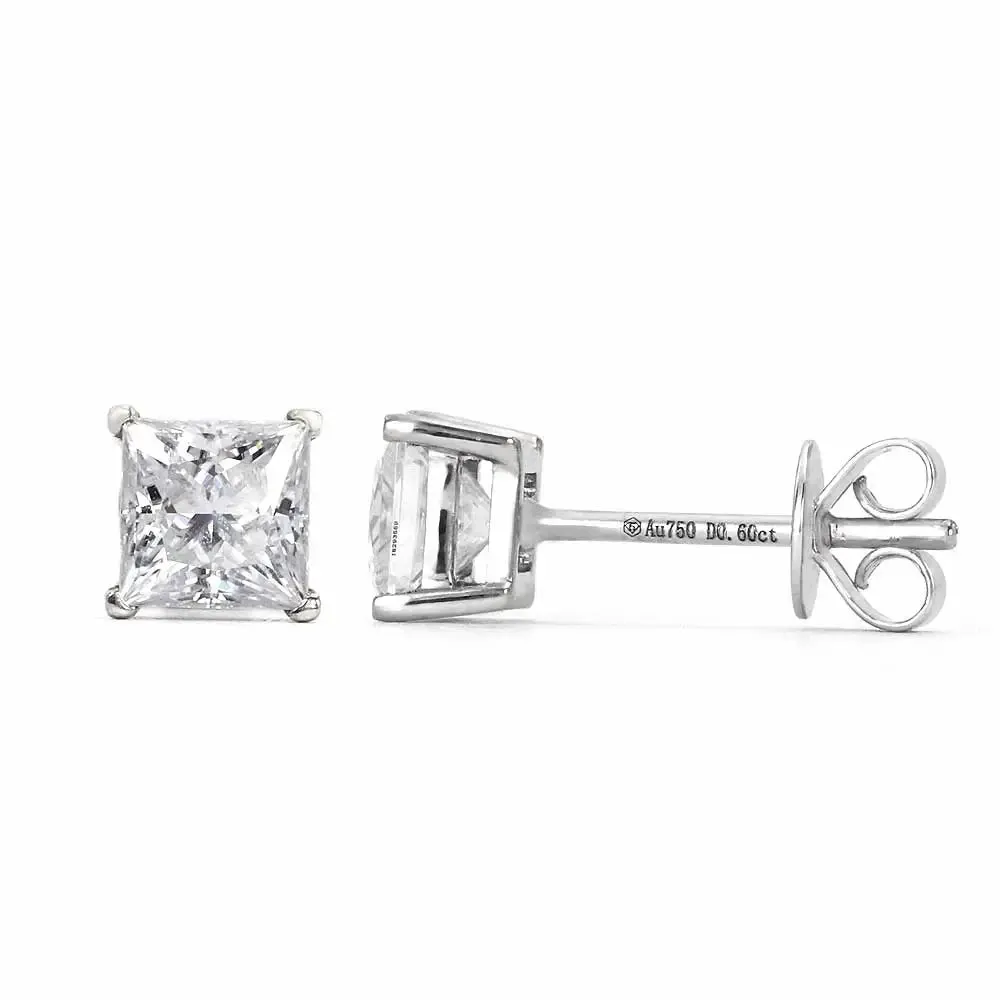 Ready Made | 0.6 Carat Princess Moissanite Solitaire Stud Earrings in 18K White Gold