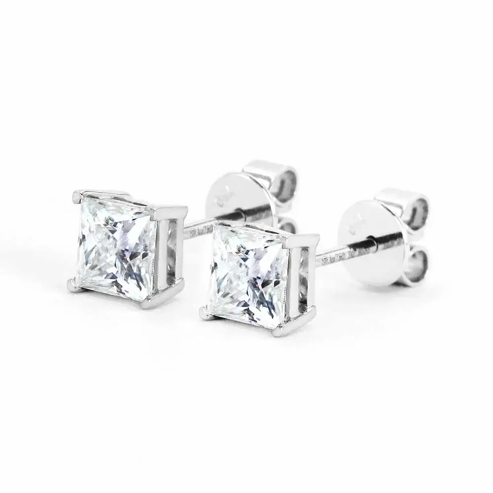 Ready Made | 1 Carat Princess Moissanite Solitaire Stud Earrings in 18K White Gold
