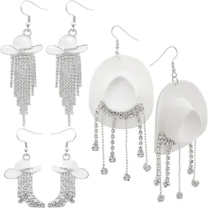 RechicGu 3 Pairs Western Cowgirl Cowboy Hat Earrings Set Silver Symmetric Boots Sparkly Rhinestone Tassels Drop Dangle Rural Culture Earrings Set For Women