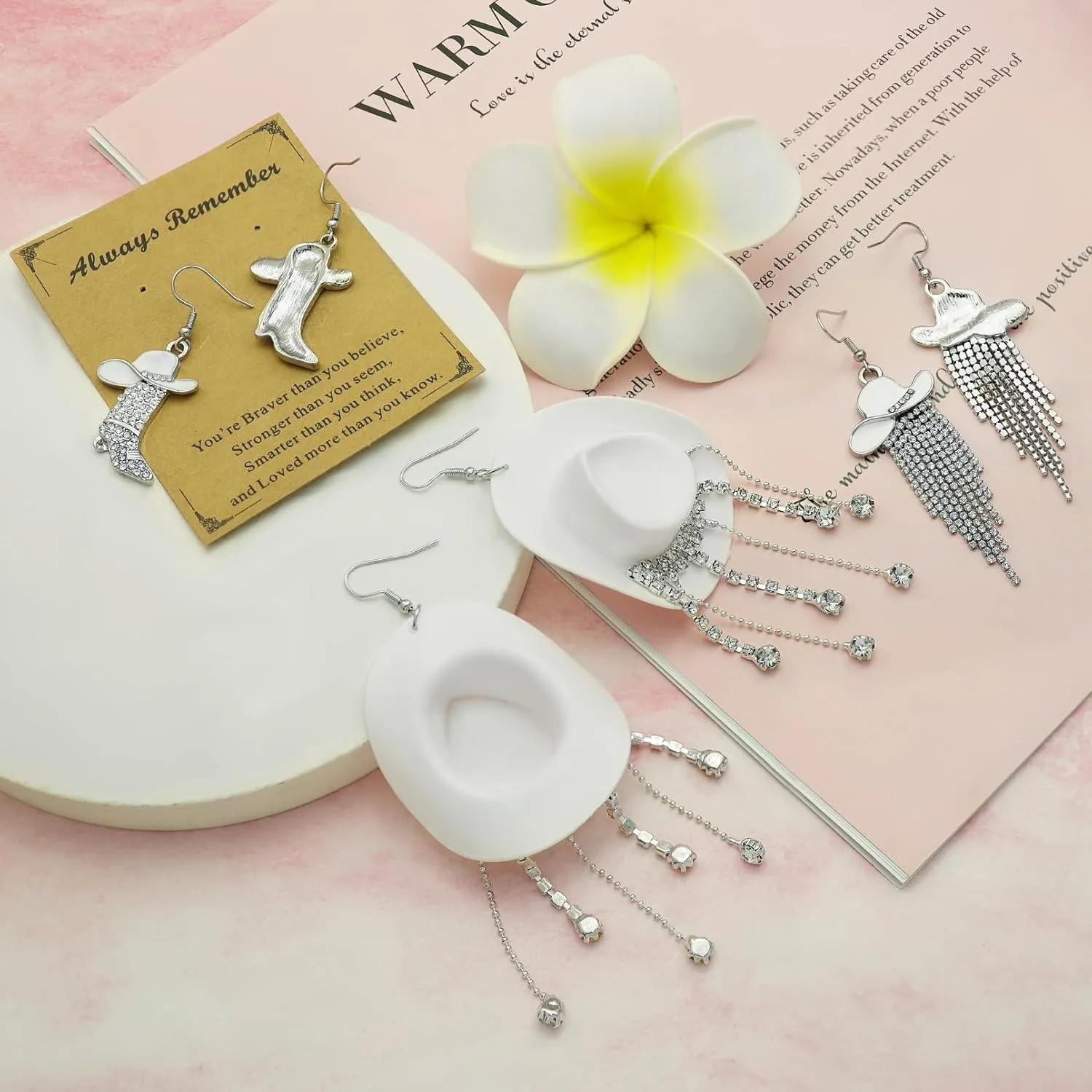 RechicGu 3 Pairs Western Cowgirl Cowboy Hat Earrings Set Silver Symmetric Boots Sparkly Rhinestone Tassels Drop Dangle Rural Culture Earrings Set For Women