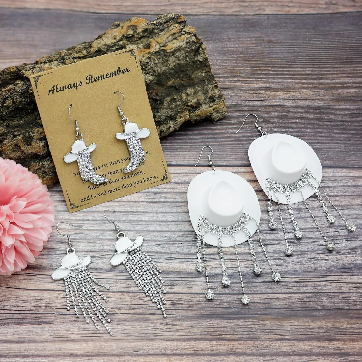 RechicGu 3 Pairs Western Cowgirl Cowboy Hat Earrings Set Silver Symmetric Boots Sparkly Rhinestone Tassels Drop Dangle Rural Culture Earrings Set For Women
