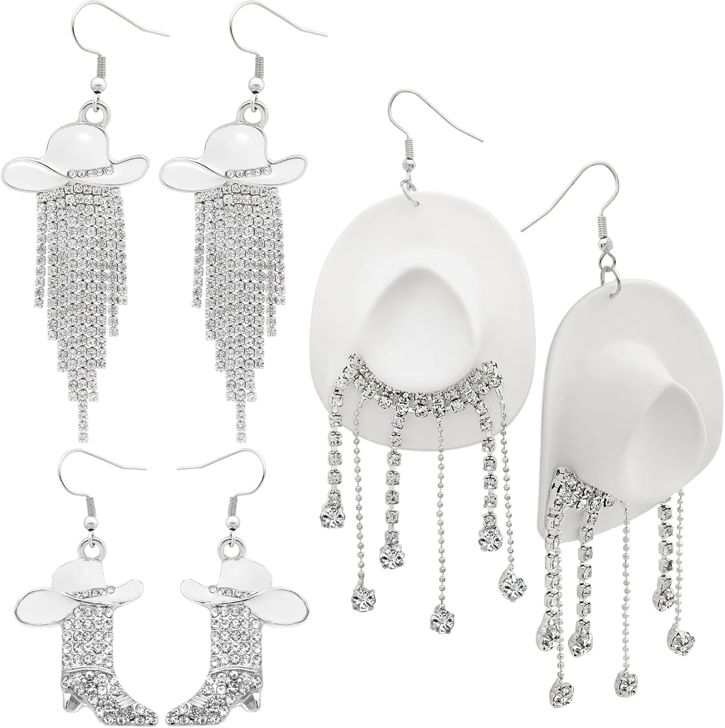 RechicGu 3 Pairs Western Cowgirl Cowboy Hat Earrings Set Silver Symmetric Boots Sparkly Rhinestone Tassels Drop Dangle Rural Culture Earrings Set For Women