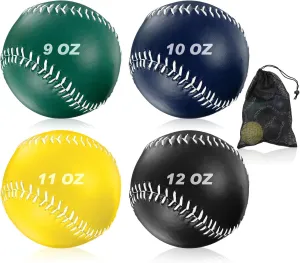 Set of 4 Weighted Softball Training Softballs Weighted Balls for Softball with Drawstring Bag (Green, Blue, Yellow, Black, 12 Inch)