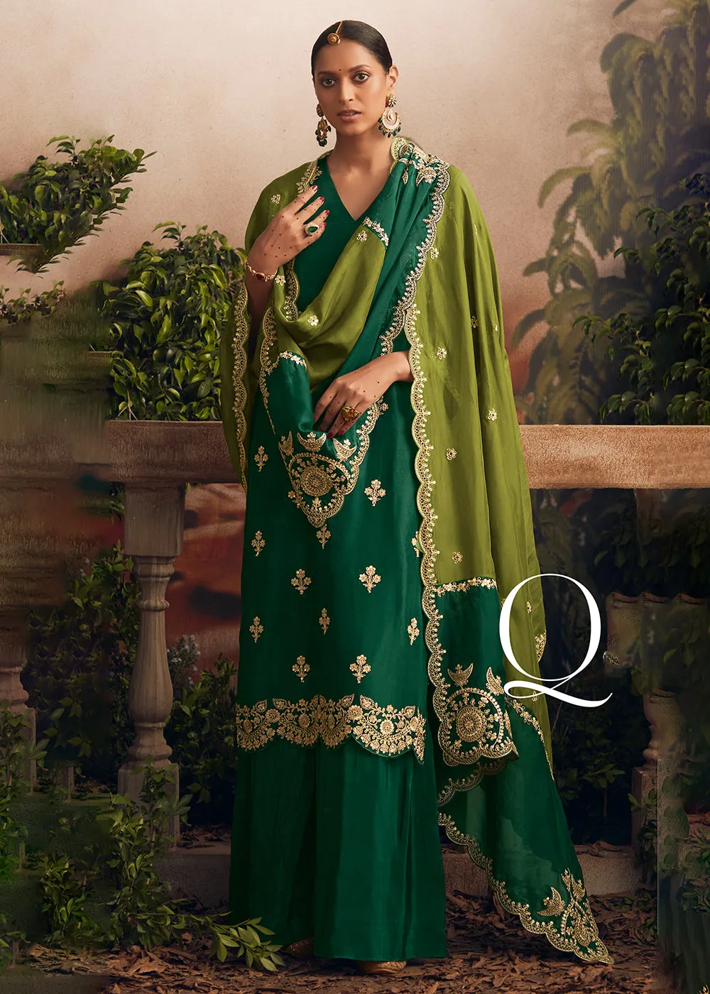 Silk Modale Dark Green Embroidered Festive Palazzo Suit