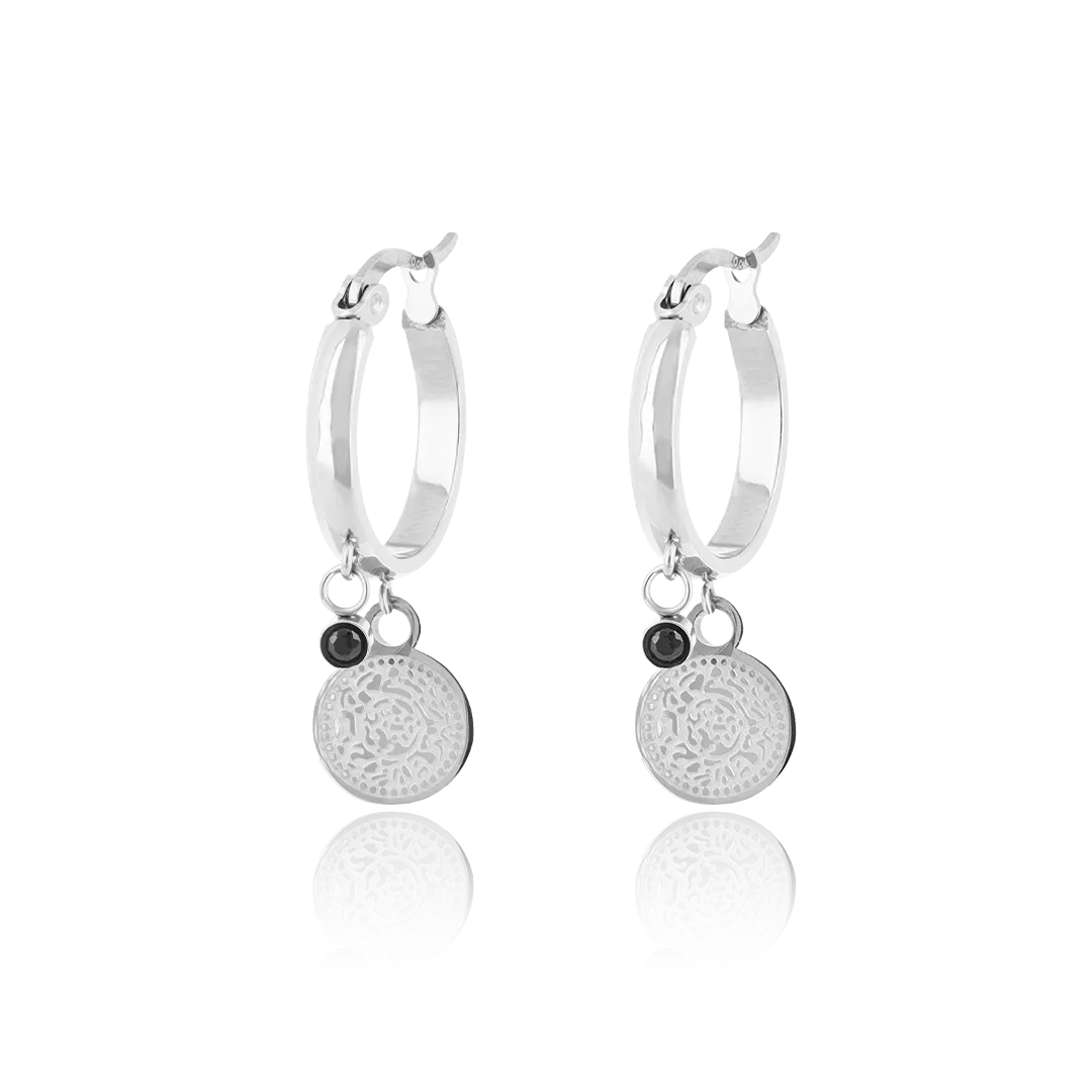 Silver coloured hoop earrings with a coin charm