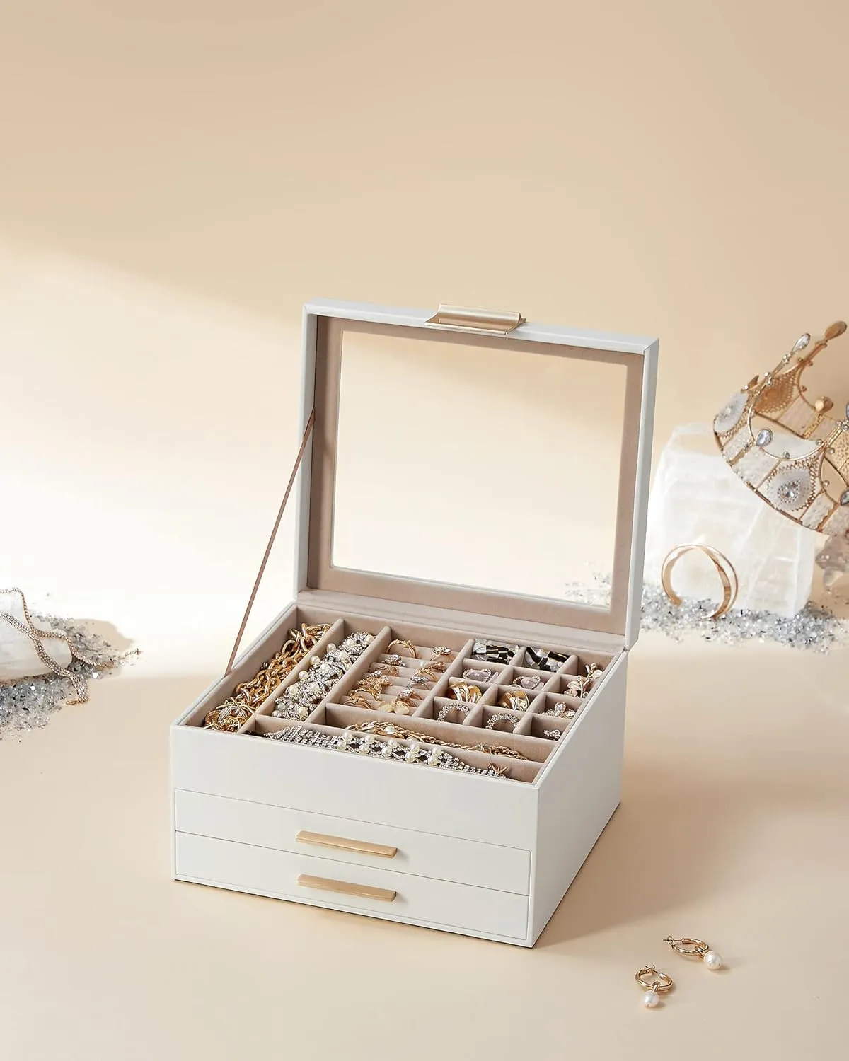 SONGMICS Jewelry Box Organizer with Glass Lid, 3-Layer Jewelry Storage, with 2 Drawers, Modern Style, 8 x 9.1 x 5.3 Inches, Cloud White and Gold Color UJBC239WT