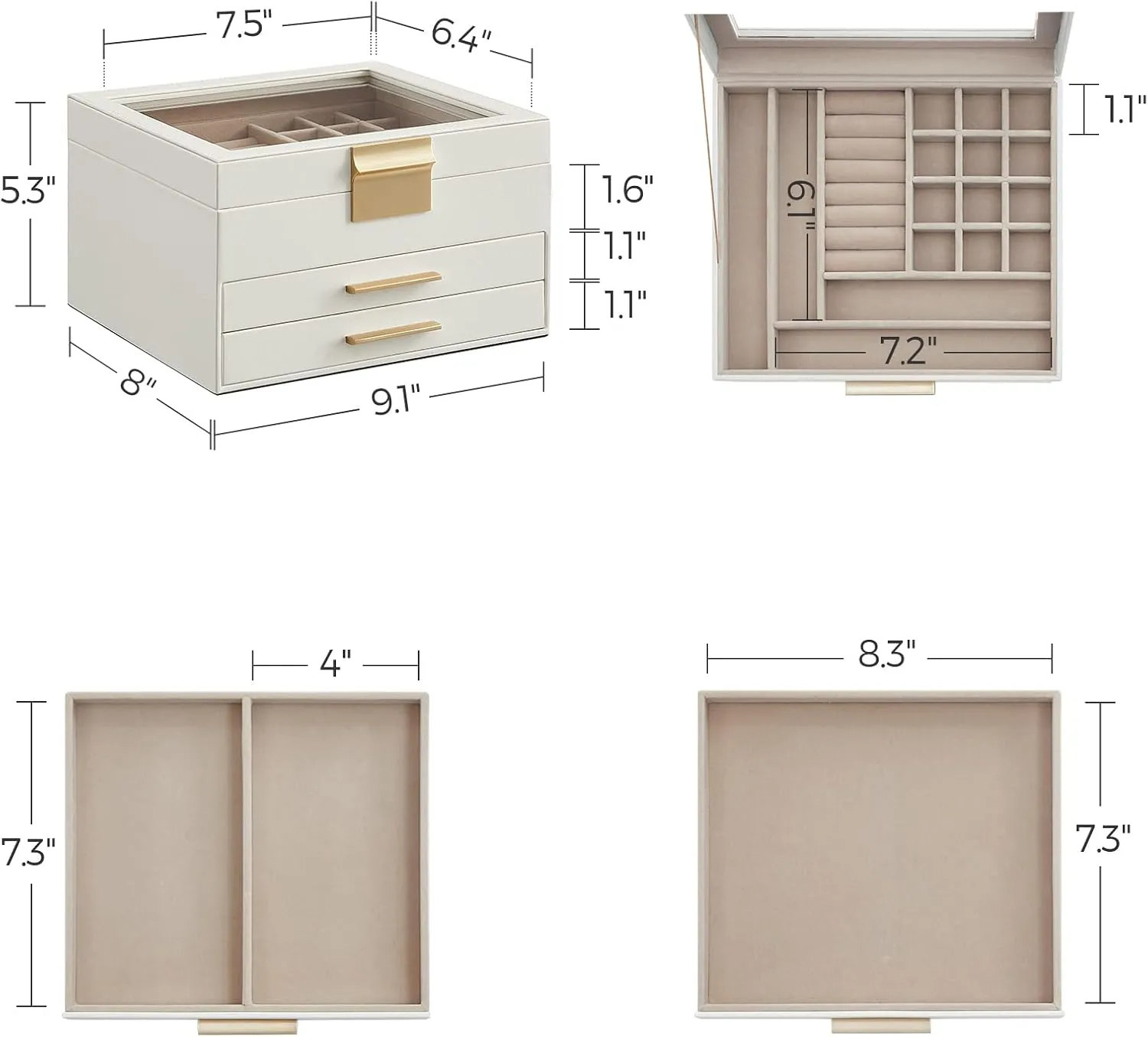 SONGMICS Jewelry Box Organizer with Glass Lid, 3-Layer Jewelry Storage, with 2 Drawers, Modern Style, 8 x 9.1 x 5.3 Inches, Cloud White and Gold Color UJBC239WT