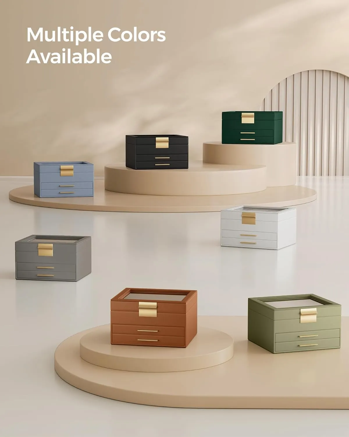 SONGMICS Jewelry Box Organizer with Glass Lid, 3-Layer Jewelry Storage, with 2 Drawers, Modern Style, 8 x 9.1 x 5.3 Inches, Cloud White and Gold Color UJBC239WT