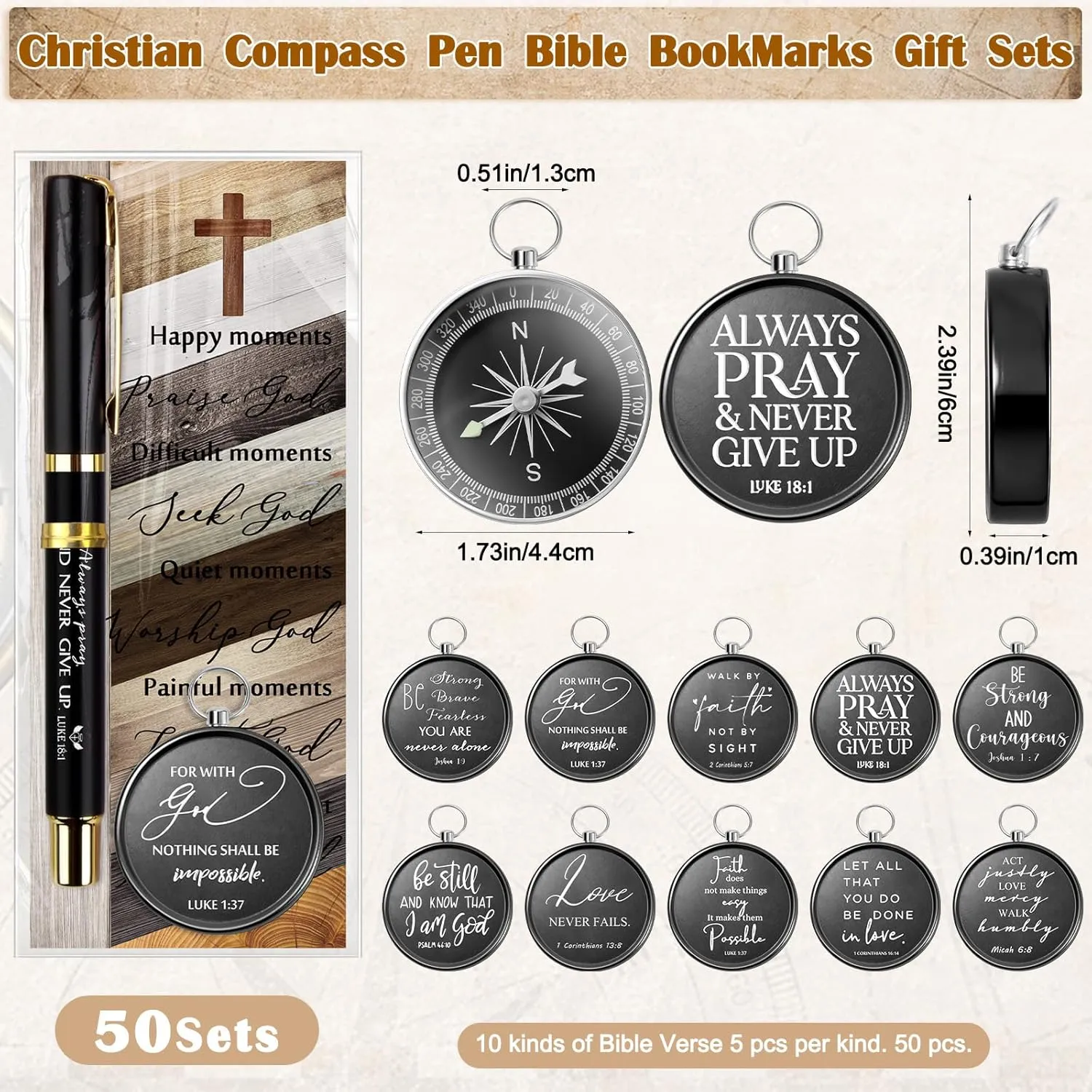 Spakon Christian Gifts for Father's Day Bulk Bible Verse Compass Pen Engraved Inspirational Compass with Religious Bookmarks Church Welcome Gifts for Men Christian Sunday School