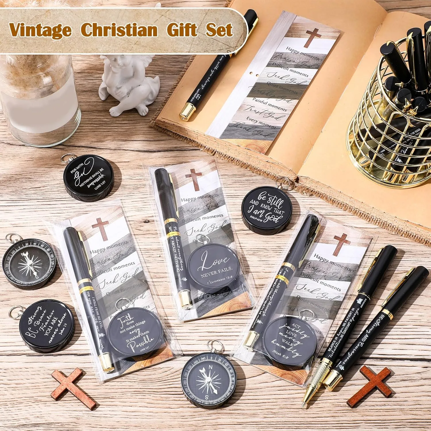 Spakon Christian Gifts for Father's Day Bulk Bible Verse Compass Pen Engraved Inspirational Compass with Religious Bookmarks Church Welcome Gifts for Men Christian Sunday School