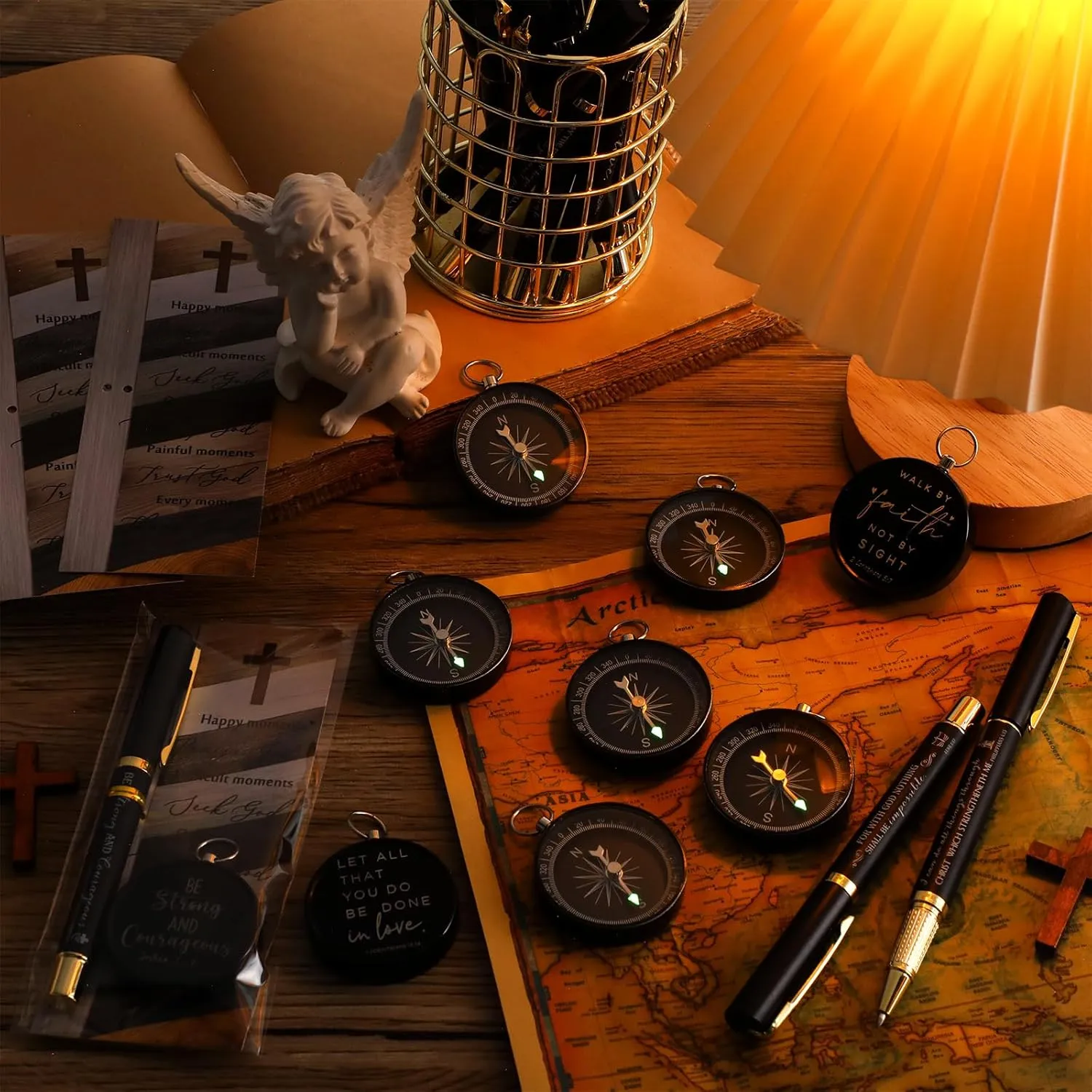 Spakon Christian Gifts for Father's Day Bulk Bible Verse Compass Pen Engraved Inspirational Compass with Religious Bookmarks Church Welcome Gifts for Men Christian Sunday School