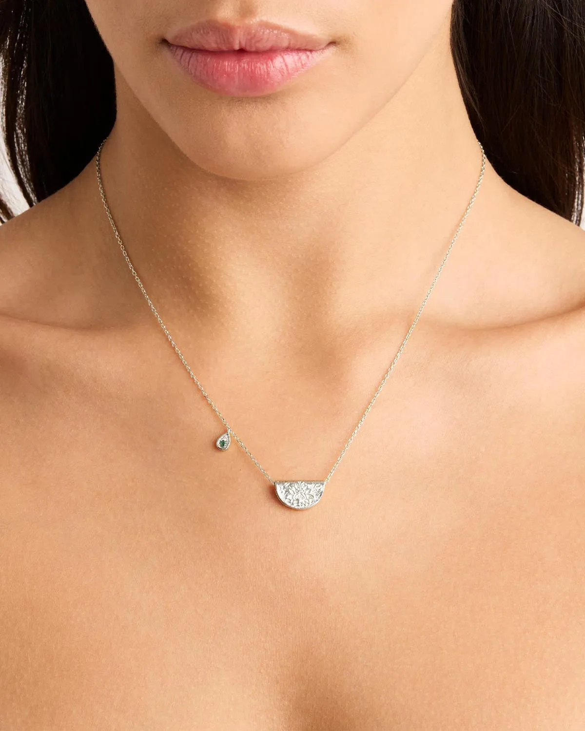 Sterling Silver Lotus Birthstone Necklace - May - Emerald