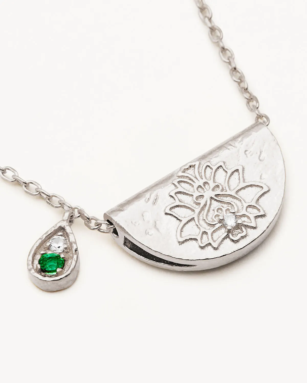 Sterling Silver Lotus Birthstone Necklace - May - Emerald
